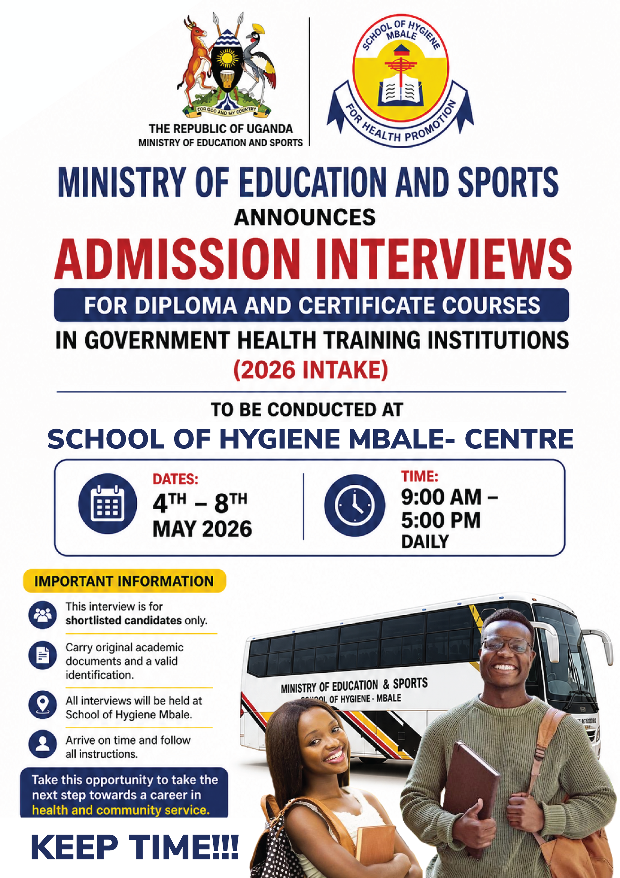 Ministry of Education and Sports Announces Admission Interviews for Diploma and Certificate Courses (2026 Intake) at Mbale School of Hygiene - Cover Image