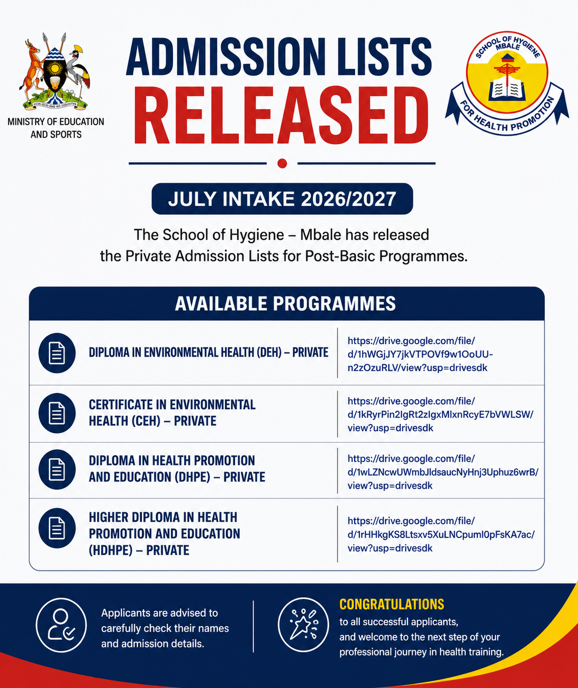 Additional PRIVATE ADMISSION LISTS for School of Hygiene–Mbale (CEHS, DEHS, DHPE and HDHPE) for 2026/2027 - Cover Image