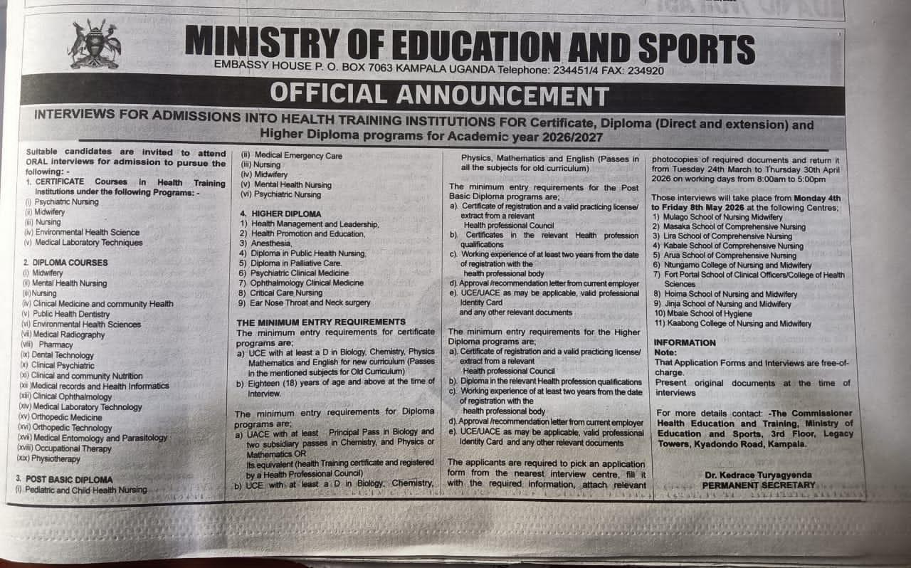 Official Announcement: Admissions into Health Training Institutions for Academic Year 2026/2027 - Cover Image